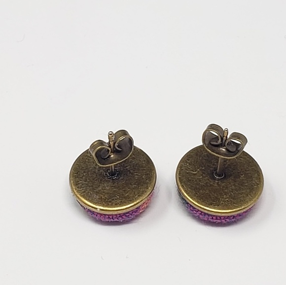 New Handmade | Upcycled Colorful Plaid Button Stud Earrings - Picture 2 of 4